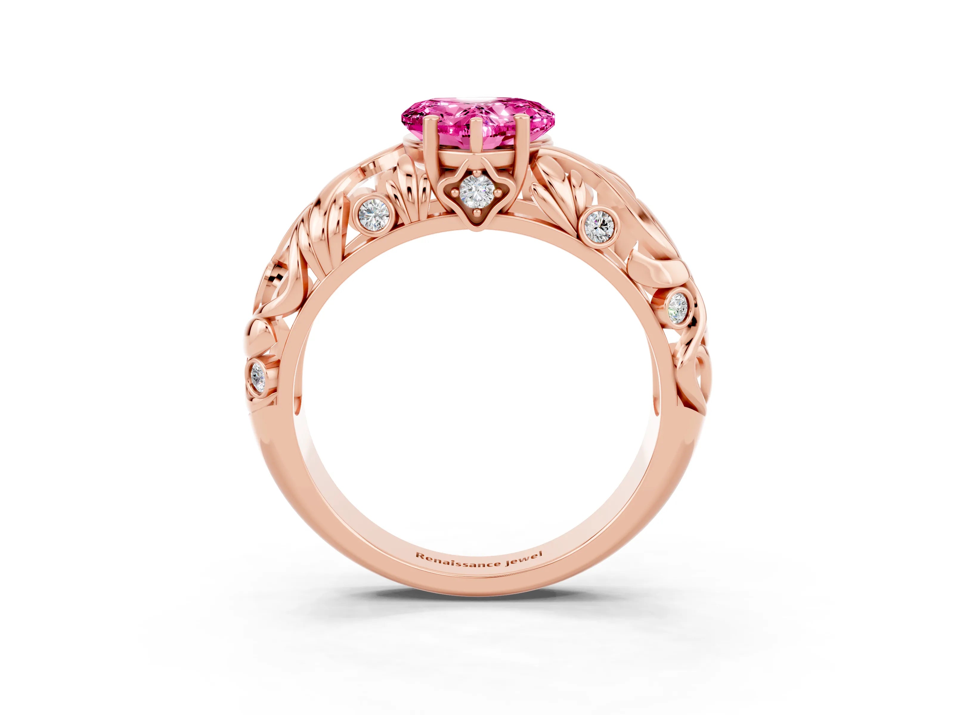 Rose gold Heart Cut Solitaire Pink Sapphire Leaf-Inspired Vine Band Ring with Prong Setting_27