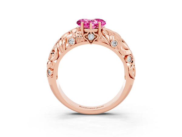 Rose gold Heart Cut Solitaire Pink Sapphire Leaf-Inspired Vine Band Ring with Prong Setting