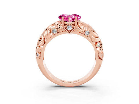 Rose gold Heart Cut Solitaire Pink Sapphire Leaf-Inspired Vine Band Ring with Prong Setting_27