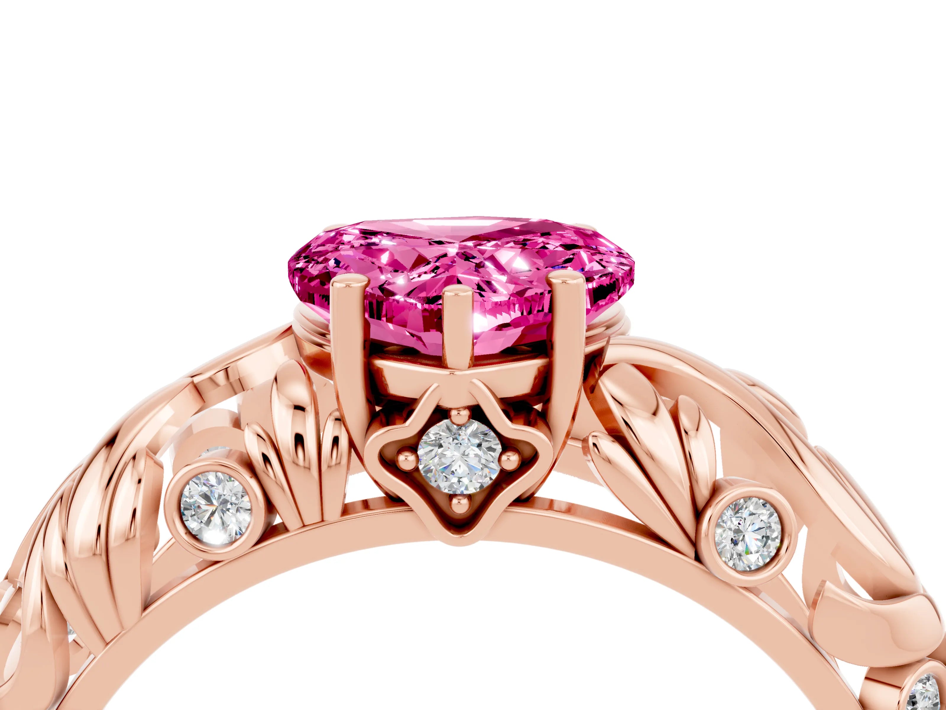 Rose gold Heart Cut Solitaire Pink Sapphire Leaf-Inspired Vine Band Ring with Prong Setting_28
