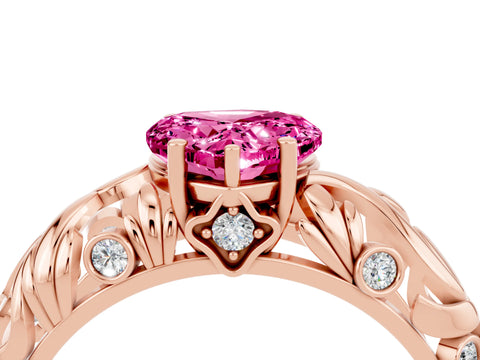 Rose gold Heart Cut Solitaire Pink Sapphire Leaf-Inspired Vine Band Ring with Prong Setting_28