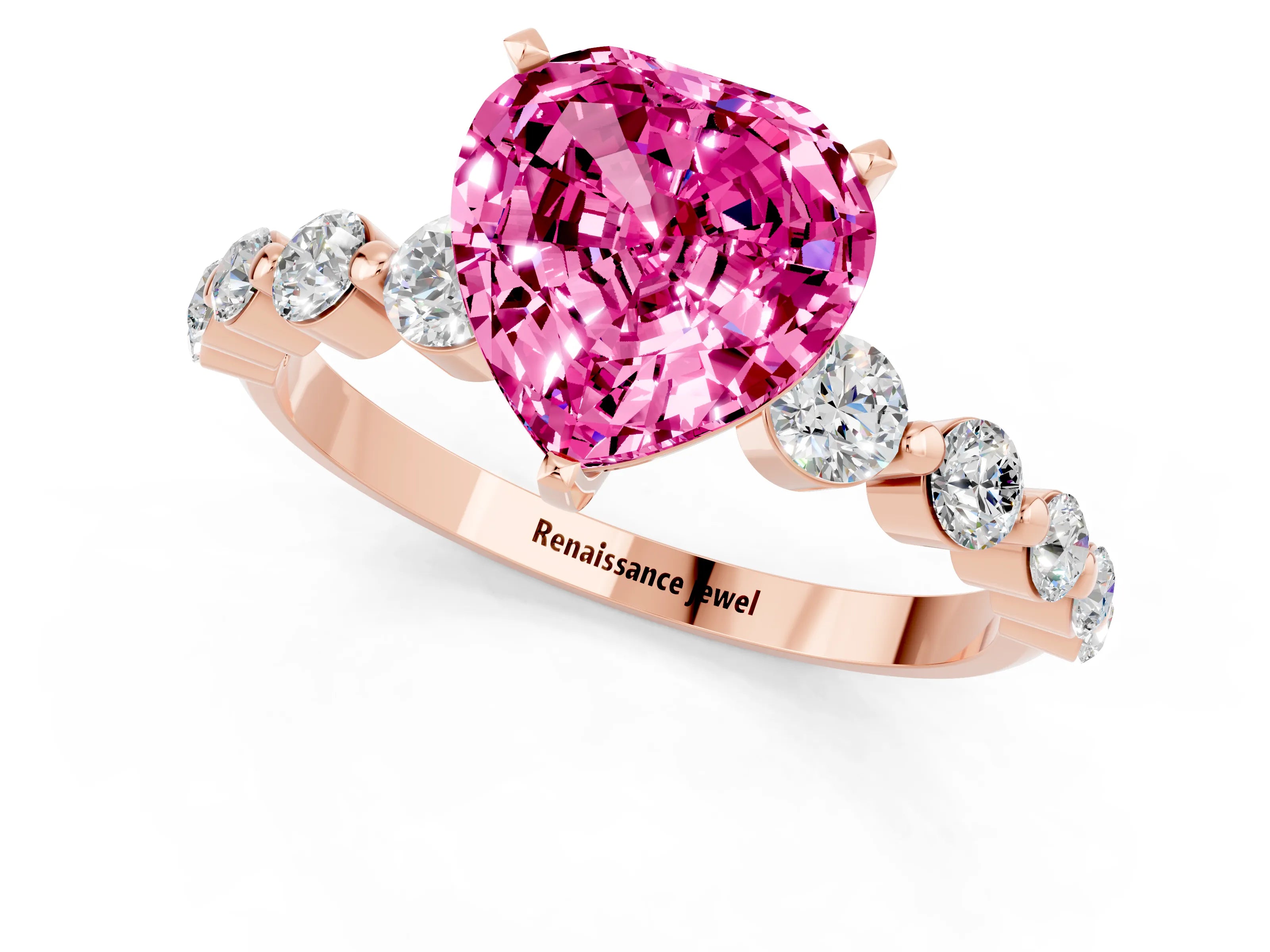 Rose gold Heart Cut Solitaire Pink Sapphire Ring with Pave Band and Four-Prong Setting_25