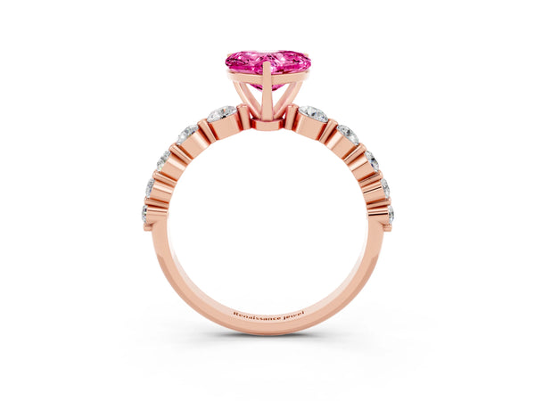 Rose gold Heart Cut Solitaire Pink Sapphire Ring with Pave Band and Four-Prong Setting