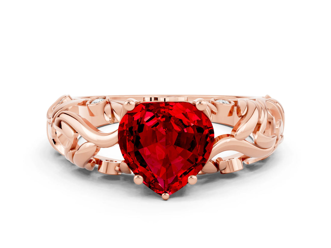 Rose gold Heart Cut Solitaire Ruby Leaf-Inspired Vine Band Ring with Prong Setting