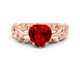 Rose gold Heart Cut Solitaire Ruby Leaf-Inspired Vine Band Ring with Prong Setting