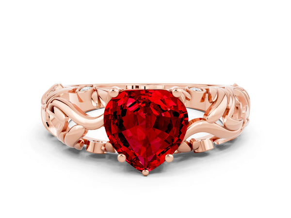 Rose gold Heart Cut Solitaire Ruby Leaf-Inspired Vine Band Ring with Prong Setting