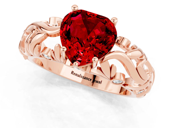 Rose gold Heart Cut Solitaire Ruby Leaf-Inspired Vine Band Ring with Prong Setting