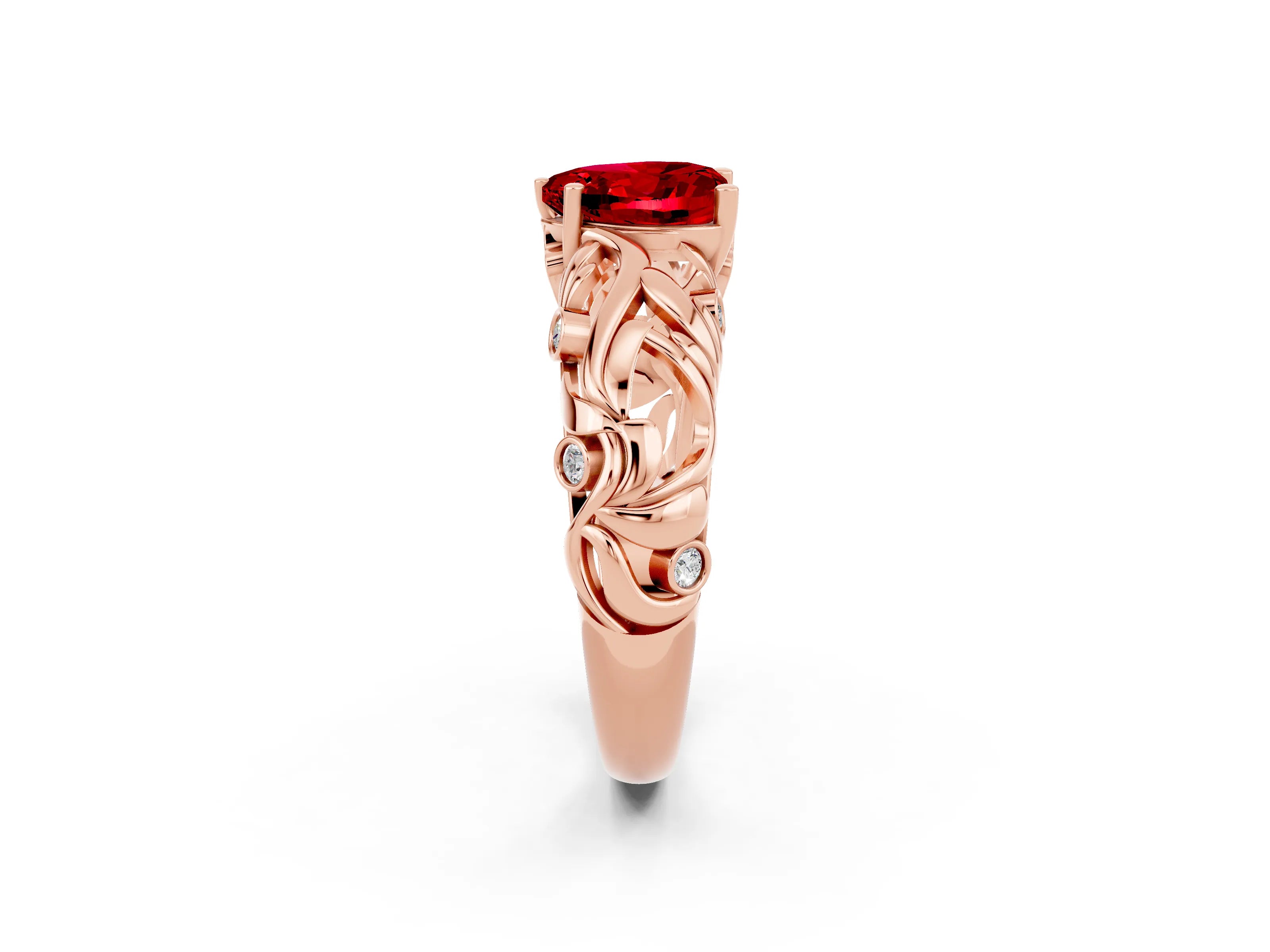 Rose gold Heart Cut Solitaire Ruby Leaf-Inspired Vine Band Ring with Prong Setting_2