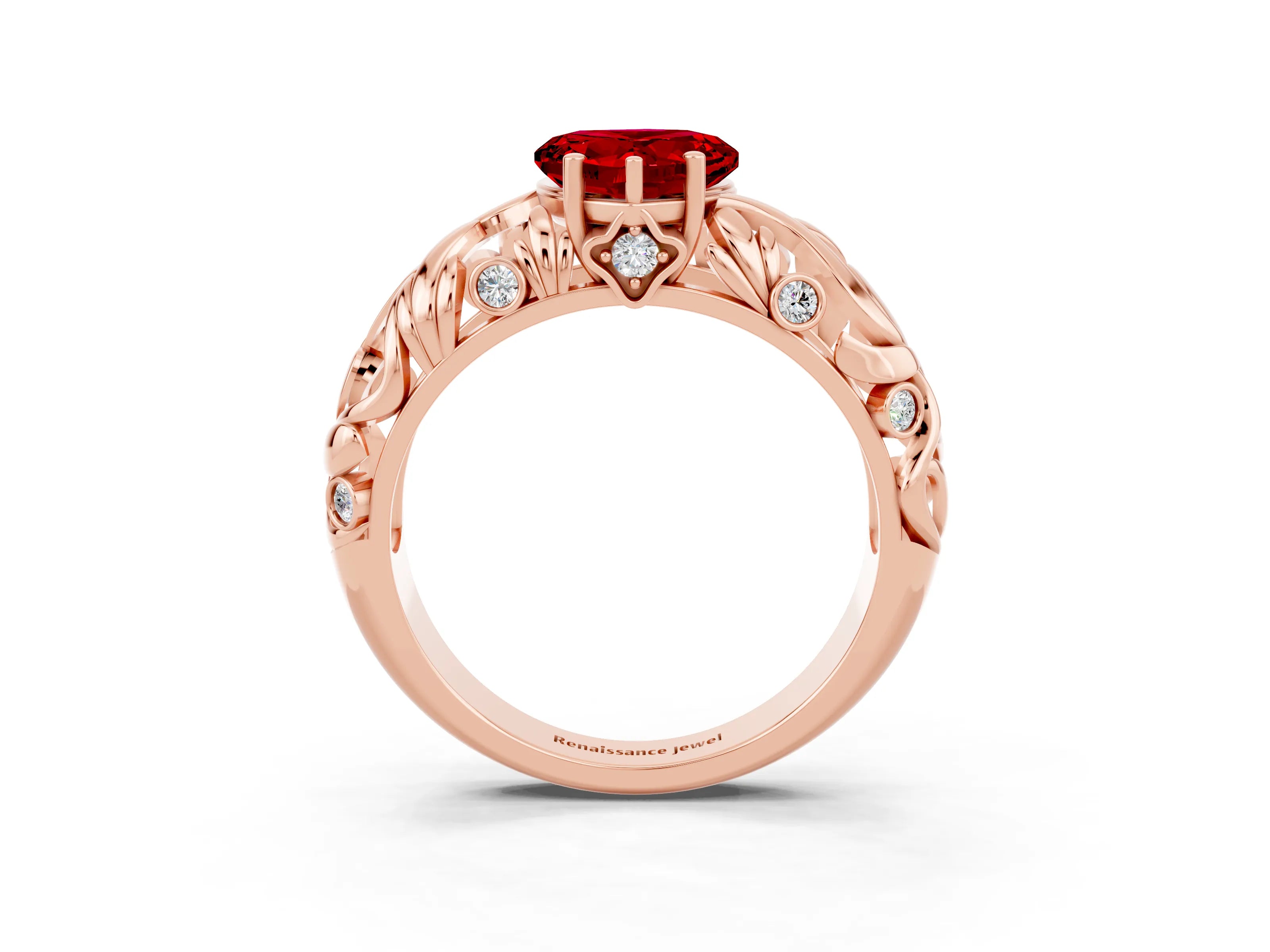 Rose gold Heart Cut Solitaire Ruby Leaf-Inspired Vine Band Ring with Prong Setting_3