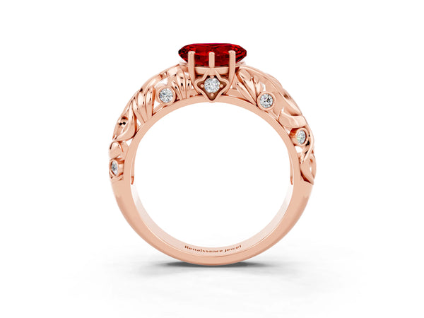 Rose gold Heart Cut Solitaire Ruby Leaf-Inspired Vine Band Ring with Prong Setting