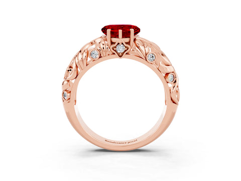 Rose gold Heart Cut Solitaire Ruby Leaf-Inspired Vine Band Ring with Prong Setting_3