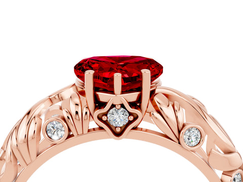 Rose gold Heart Cut Solitaire Ruby Leaf-Inspired Vine Band Ring with Prong Setting_4