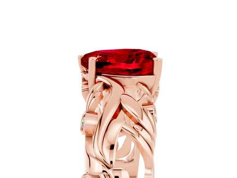 Rose gold Heart Cut Solitaire Ruby Leaf-Inspired Vine Band Ring with Prong Setting_5