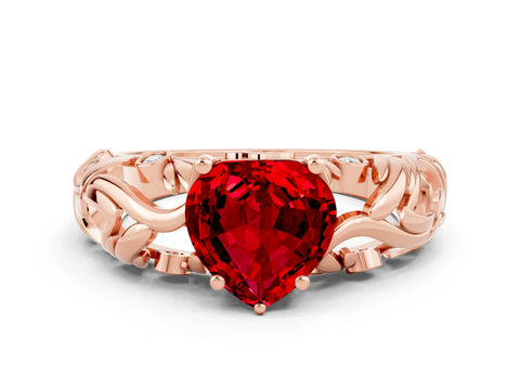Rose gold Heart Cut Solitaire Ruby Leaf-Inspired Vine Band Ring with Prong Setting