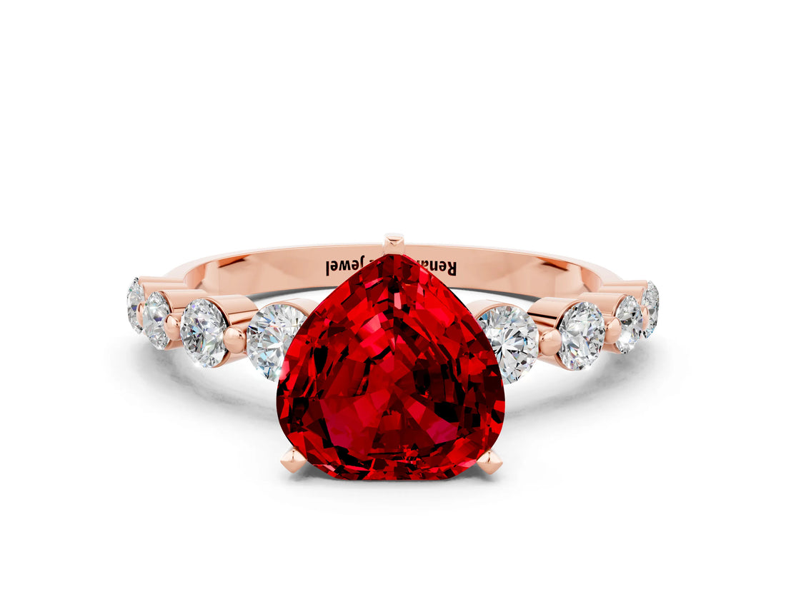 Rose gold Heart Cut Solitaire Ruby Ring with Pave Band and Four-Prong Setting