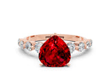Rose gold Heart Cut Solitaire Ruby Ring with Pave Band and Four-Prong Setting