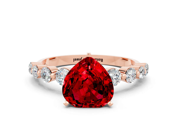Rose gold Heart Cut Solitaire Ruby Ring with Pave Band and Four-Prong Setting