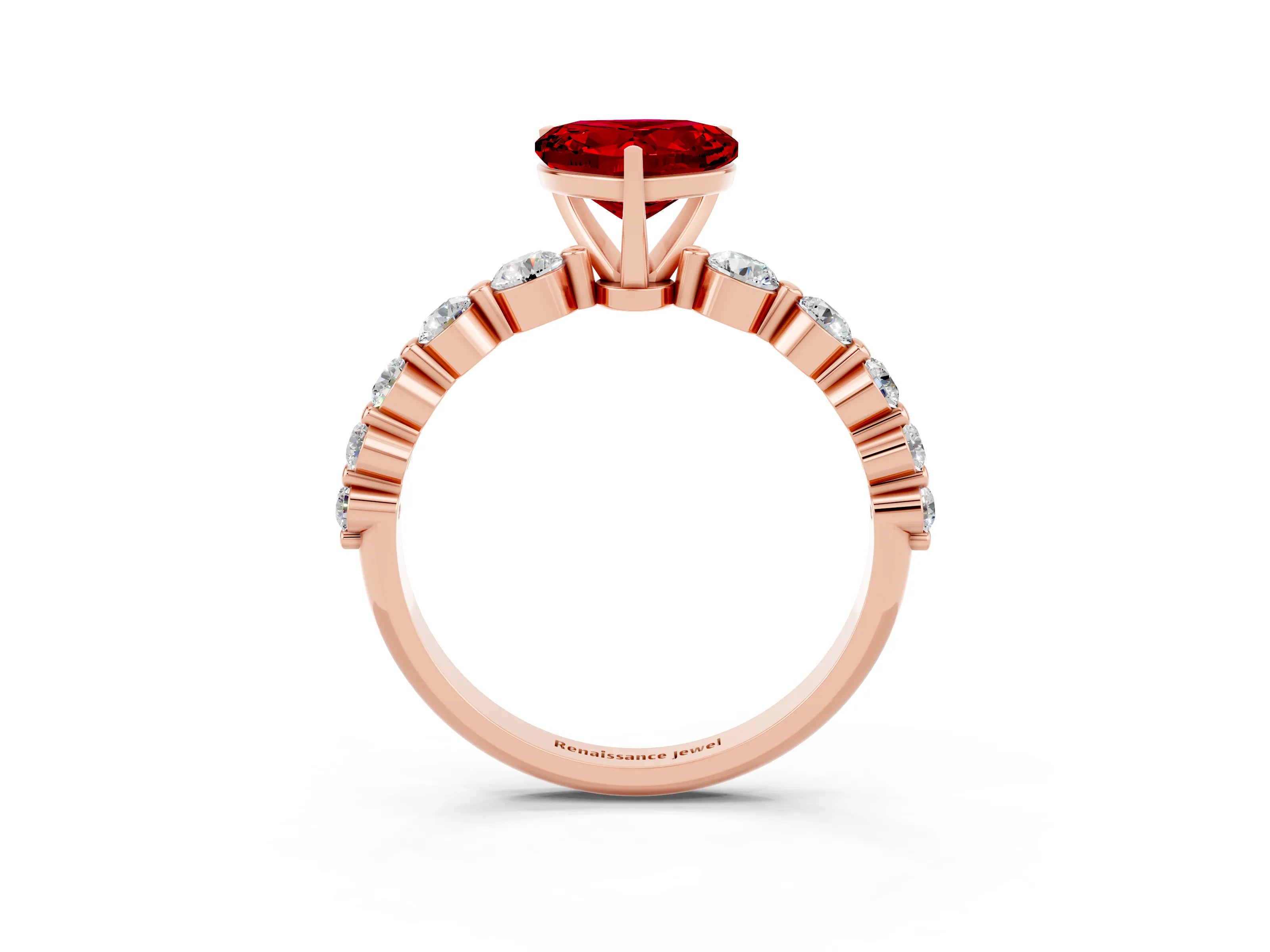 Rose gold Heart Cut Solitaire Ruby Ring with Pave Band and Four-Prong Setting_3