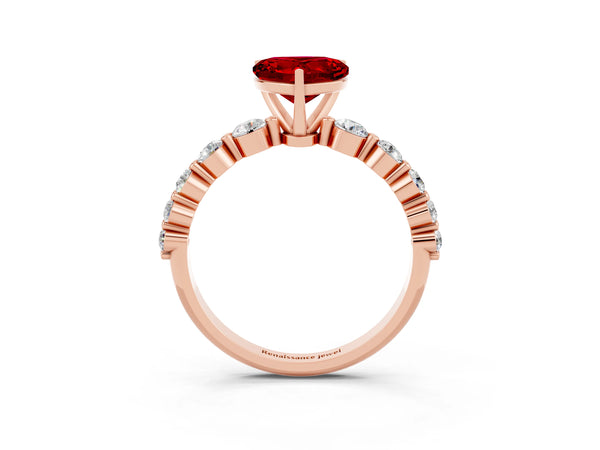 Rose gold Heart Cut Solitaire Ruby Ring with Pave Band and Four-Prong Setting