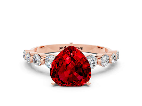 Rose gold Heart Cut Solitaire Ruby Ring with Pave Band and Four-Prong Setting