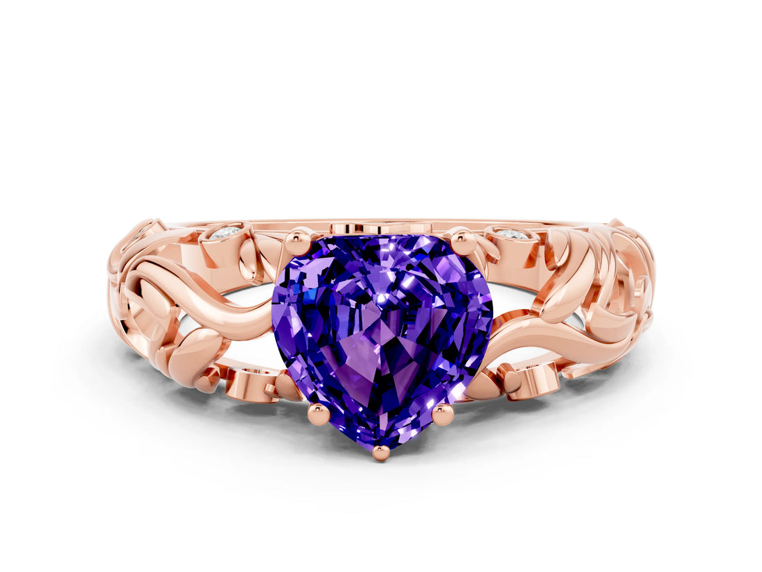 Rose gold Heart Cut Solitaire Tanzanite Leaf-Inspired Vine Band Ring with Prong Setting