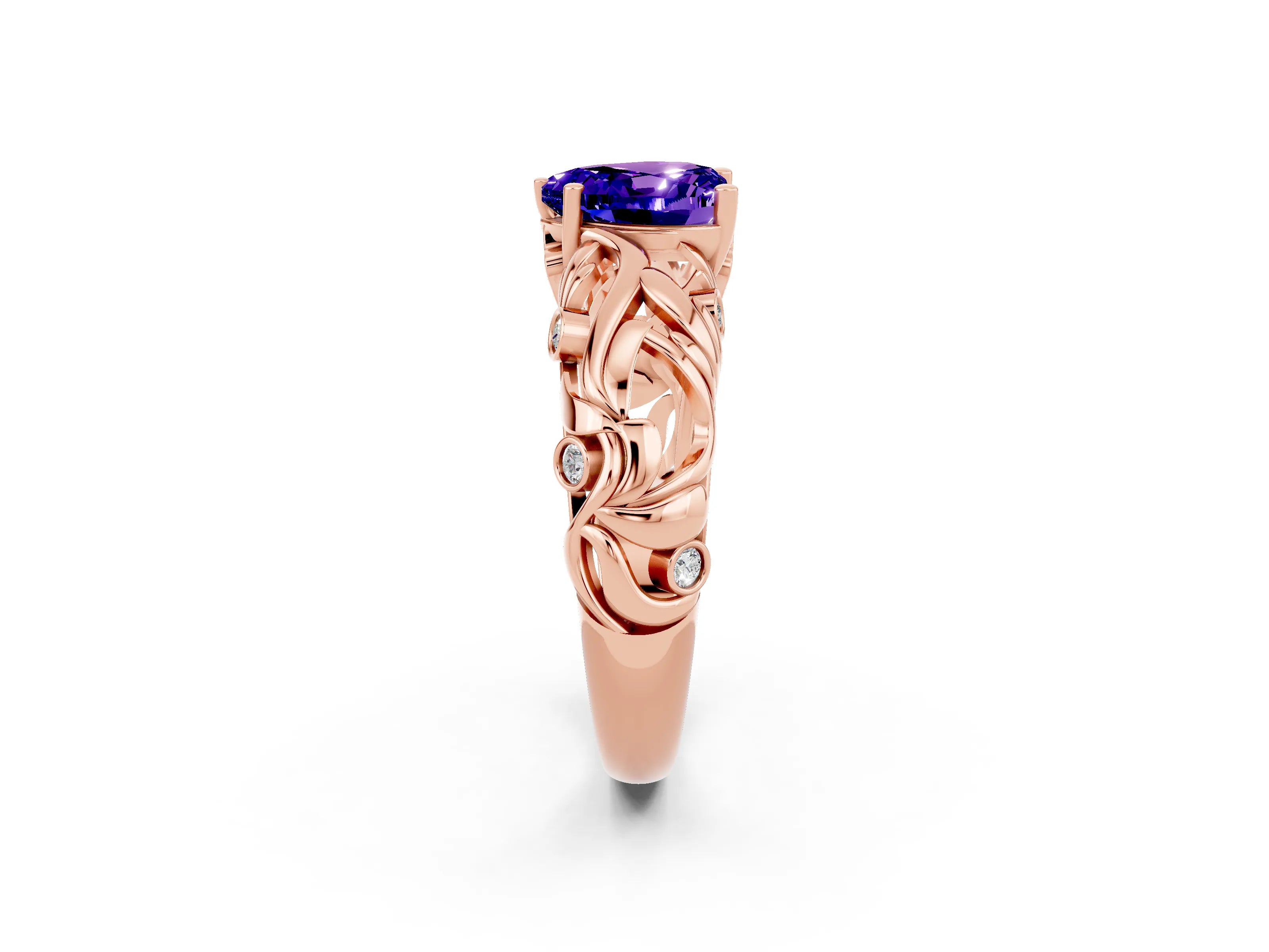 Rose gold Heart Cut Solitaire Tanzanite Leaf-Inspired Vine Band Ring with Prong Setting_2
