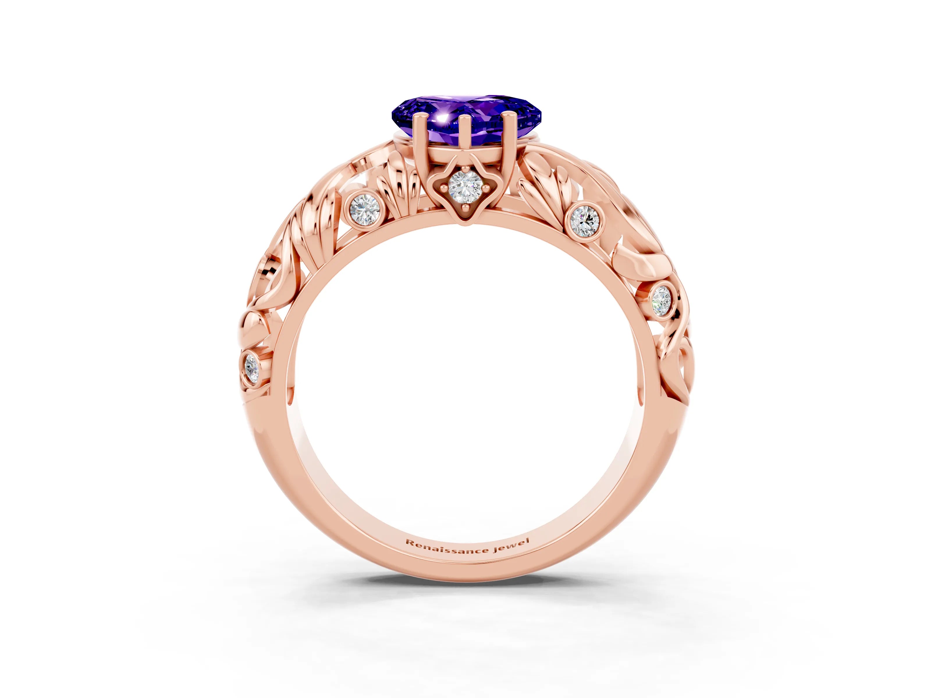 Rose gold Heart Cut Solitaire Tanzanite Leaf-Inspired Vine Band Ring with Prong Setting_3