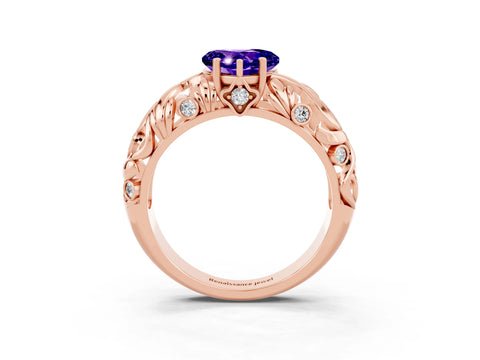 Rose gold Heart Cut Solitaire Tanzanite Leaf-Inspired Vine Band Ring with Prong Setting_3