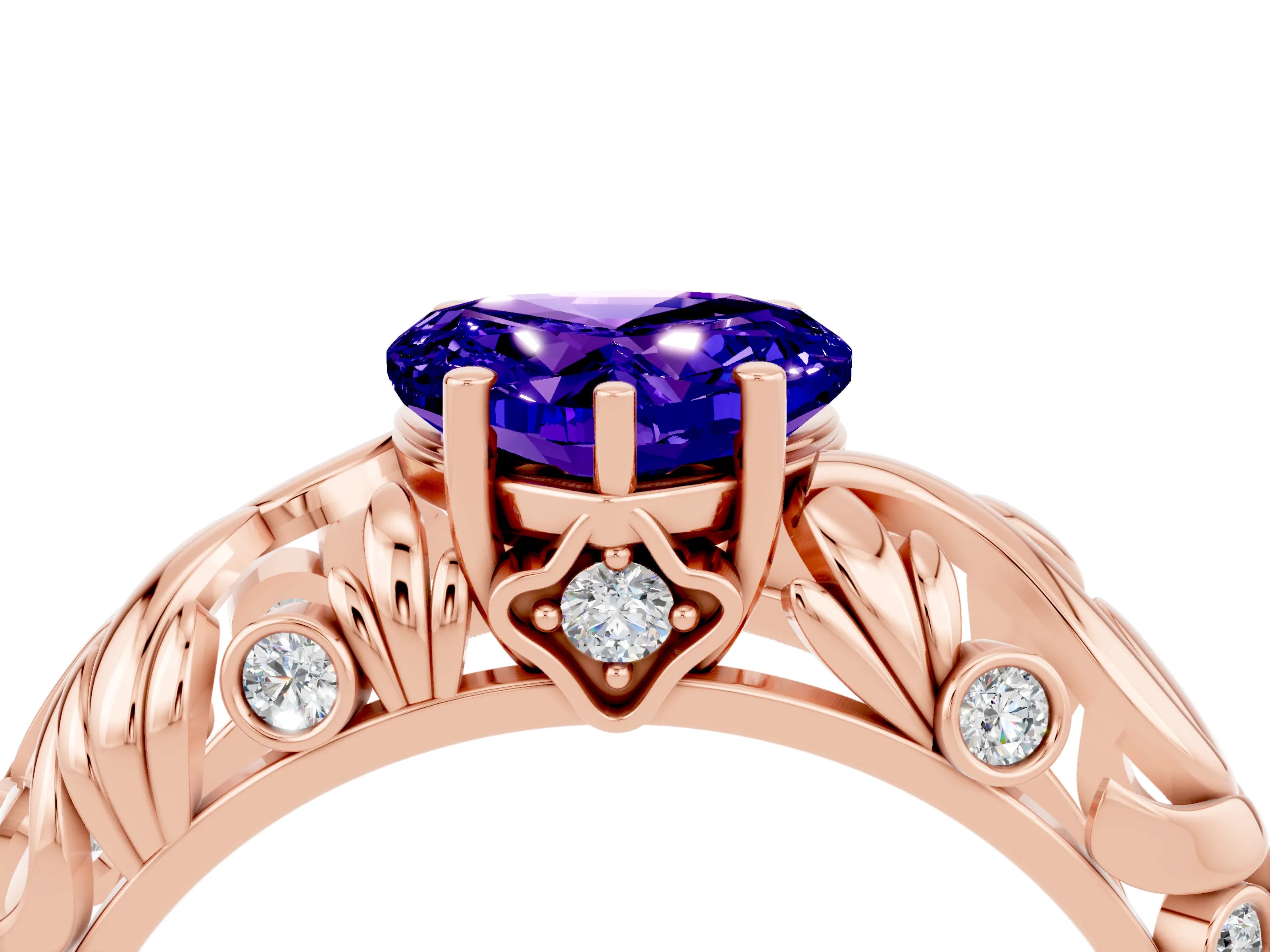 Rose gold Heart Cut Solitaire Tanzanite Leaf-Inspired Vine Band Ring with Prong Setting_4