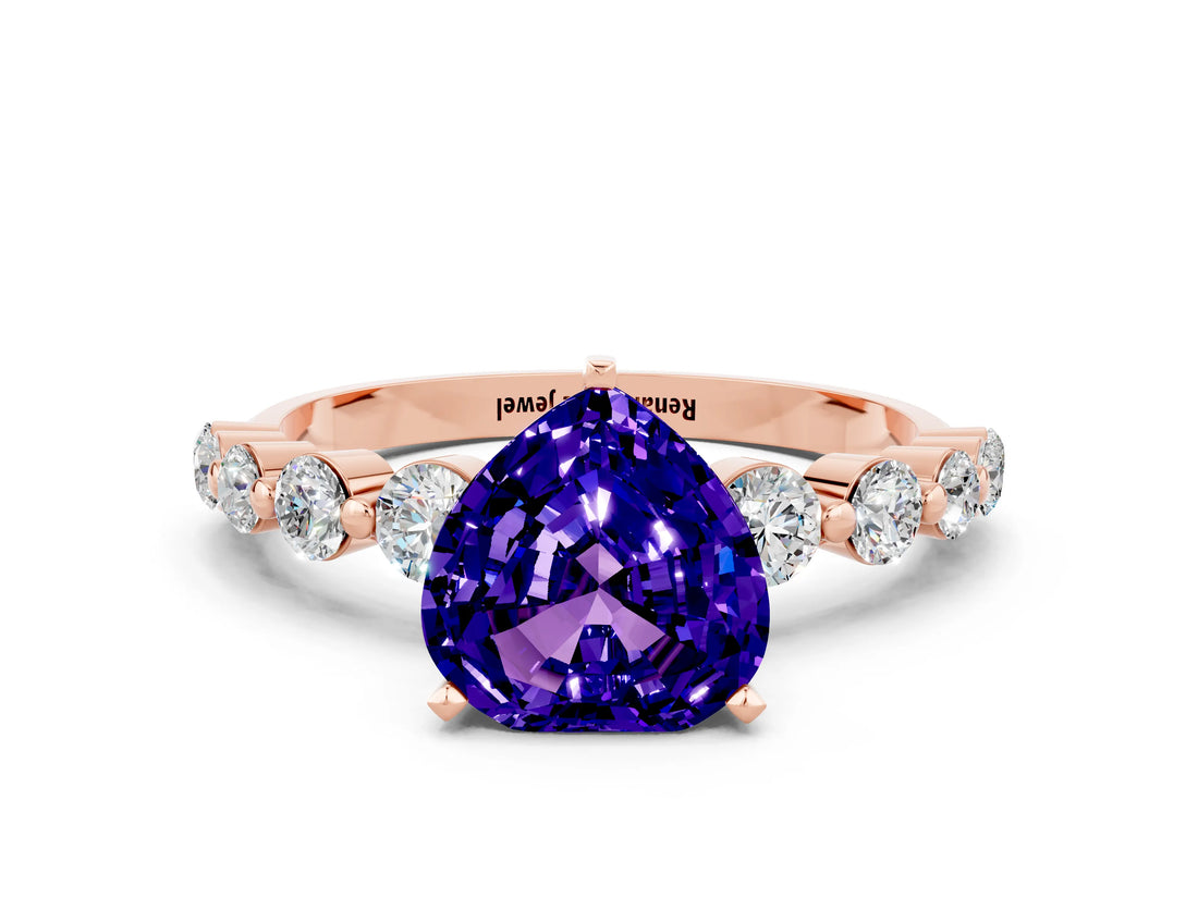 Rose gold Heart Cut Solitaire Tanzanite Ring with Pave Band and Four-Prong Setting