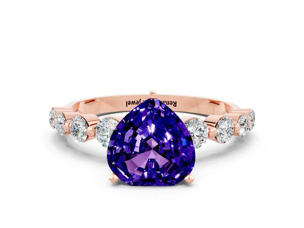 Rose gold Heart Cut Solitaire Tanzanite Ring with Pave Band and Four-Prong Setting