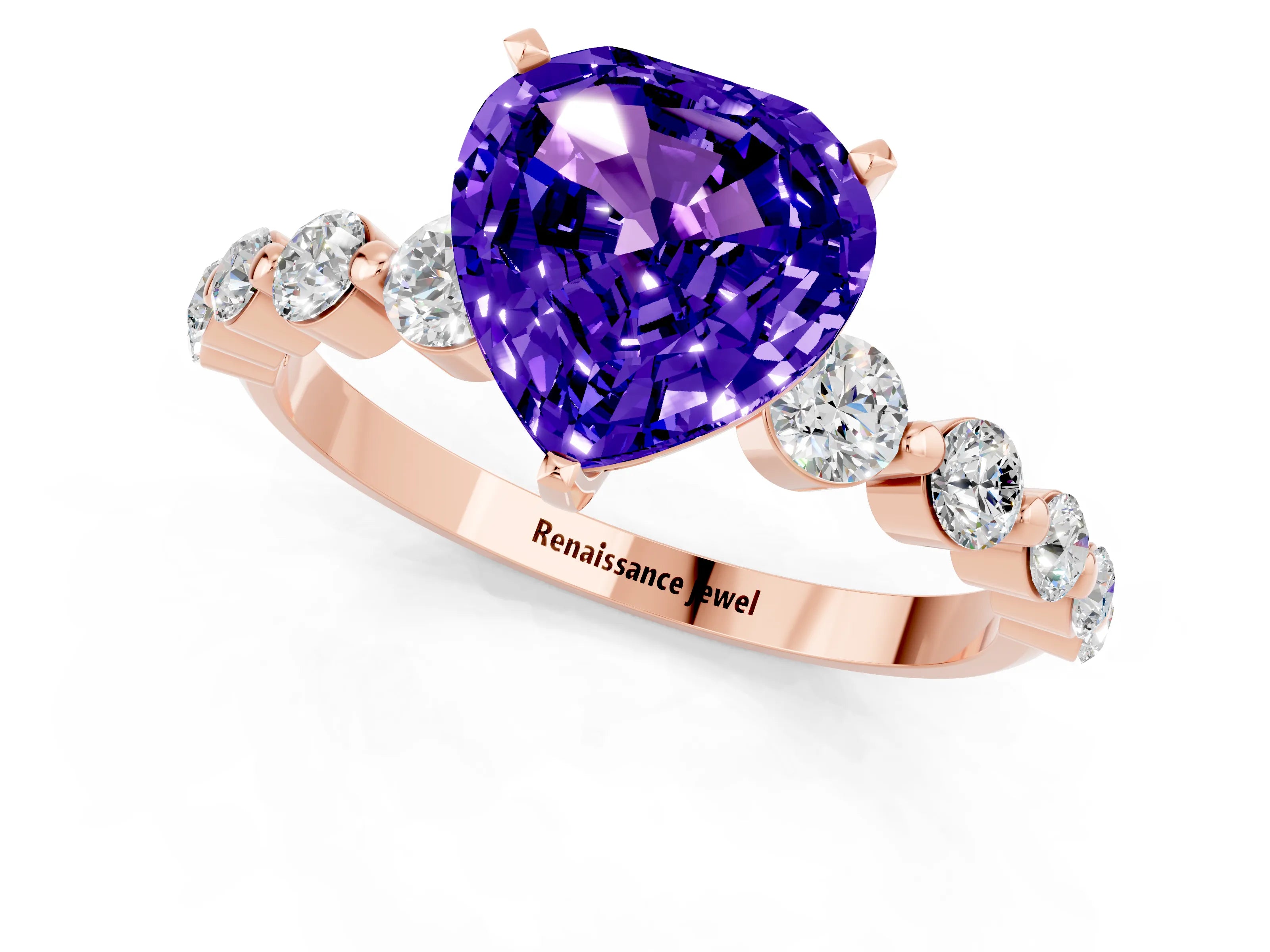 Rose gold Heart Cut Solitaire Tanzanite Ring with Pave Band and Four-Prong Setting_1