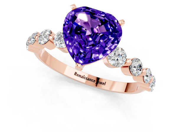 Rose gold Heart Cut Solitaire Tanzanite Ring with Pave Band and Four-Prong Setting
