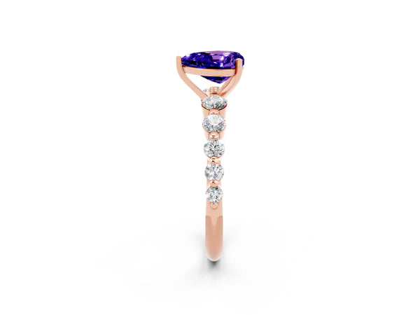 Rose gold Heart Cut Solitaire Tanzanite Ring with Pave Band and Four-Prong Setting