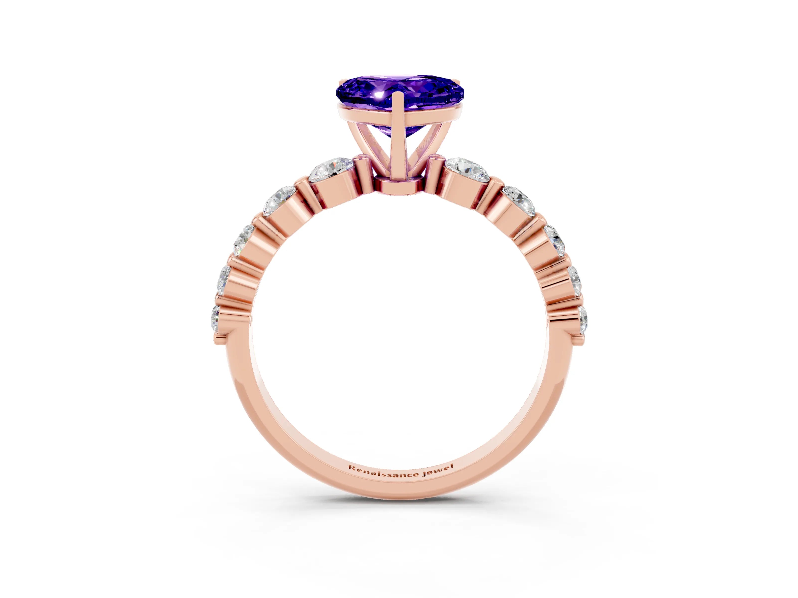 Rose gold Heart Cut Solitaire Tanzanite Ring with Pave Band and Four-Prong Setting_3