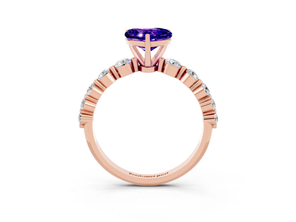 Rose gold Heart Cut Solitaire Tanzanite Ring with Pave Band and Four-Prong Setting
