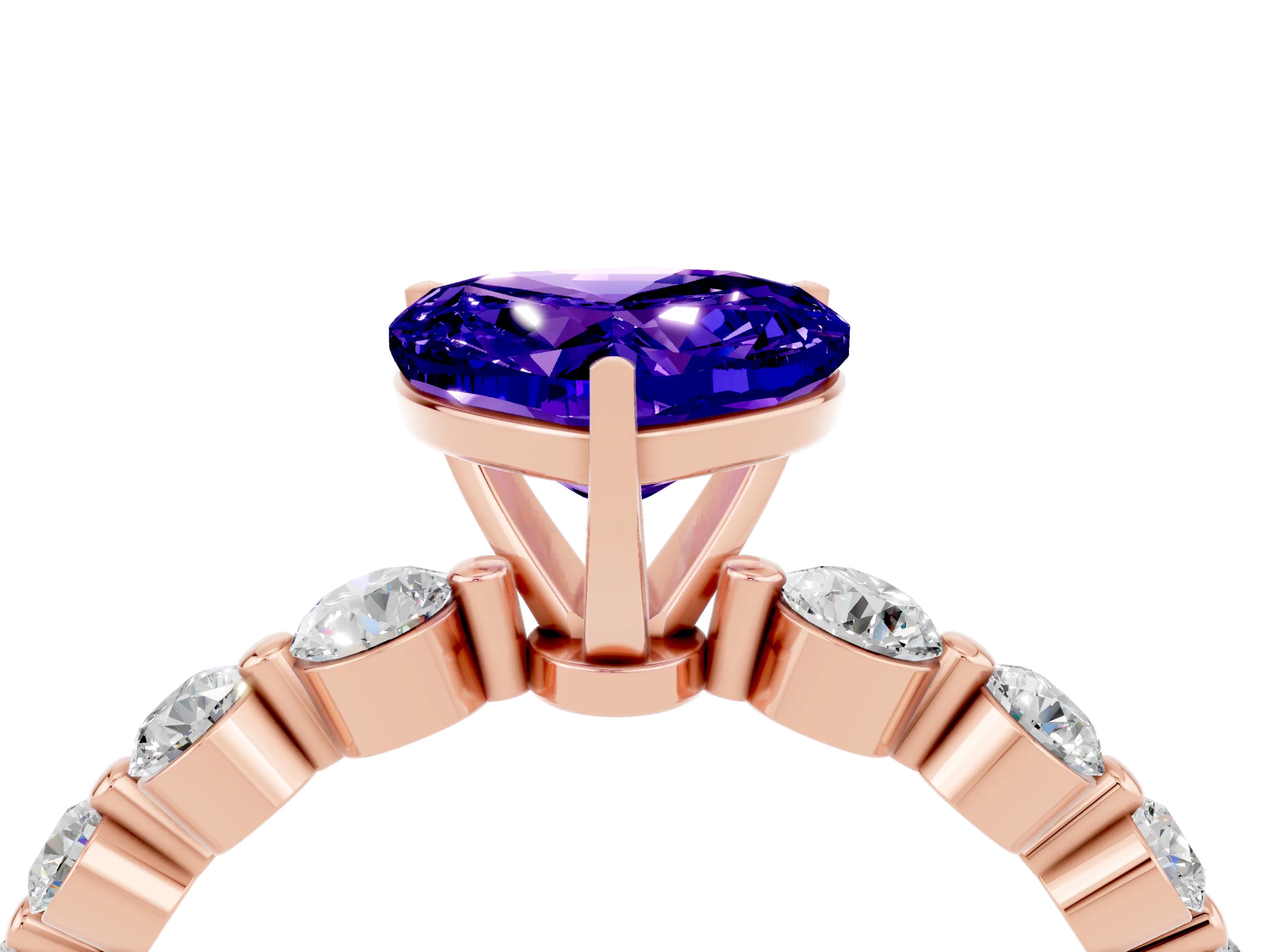 Rose gold Heart Cut Solitaire Tanzanite Ring with Pave Band and Four-Prong Setting_4