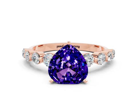 Rose gold Heart Cut Solitaire Tanzanite Ring with Pave Band and Four-Prong Setting