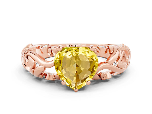 Rose gold Heart Cut Solitaire Yellow Sapphire Leaf-Inspired Vine Band Ring with Prong Setting
