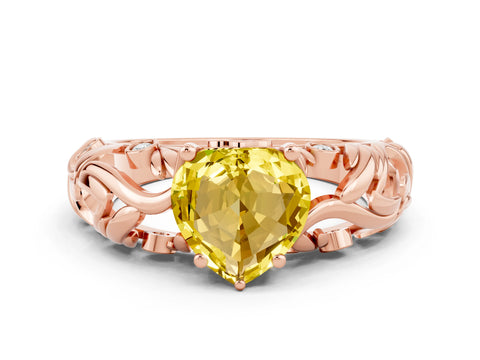 Rose gold Heart Cut Solitaire Yellow Sapphire Leaf-Inspired Vine Band Ring with Prong Setting_24