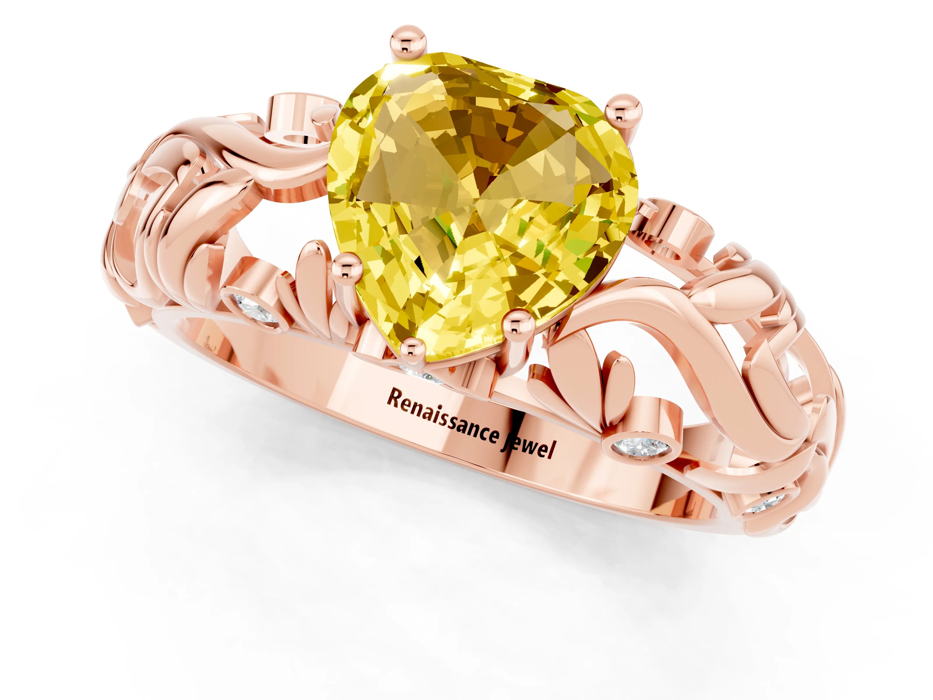Rose gold Heart Cut Solitaire Yellow Sapphire Leaf-Inspired Vine Band Ring with Prong Setting_25