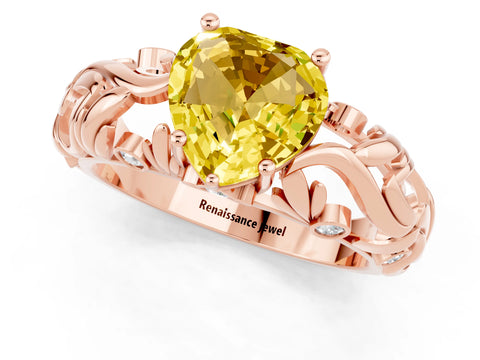 Rose gold Heart Cut Solitaire Yellow Sapphire Leaf-Inspired Vine Band Ring with Prong Setting_25