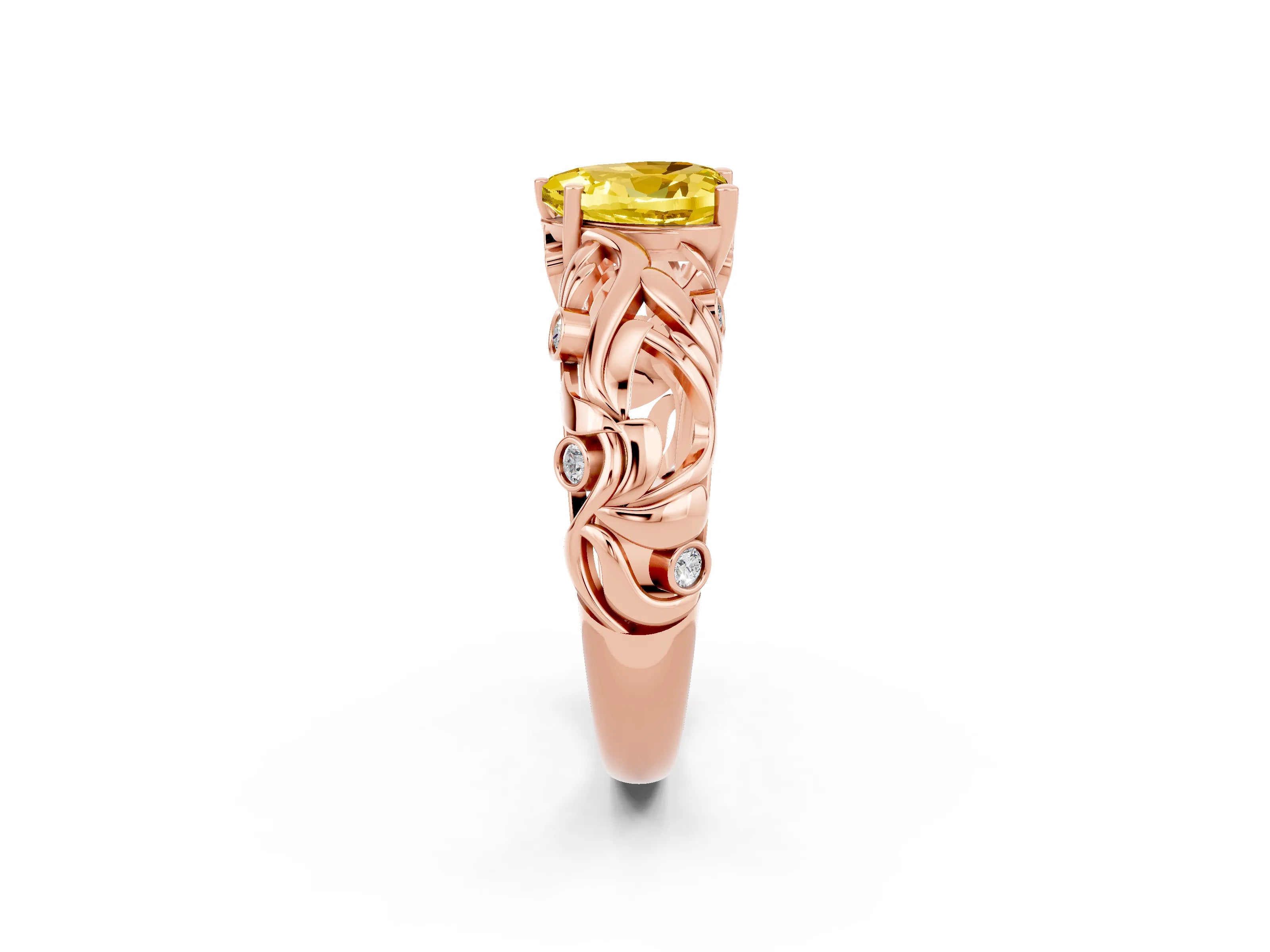 Rose gold Heart Cut Solitaire Yellow Sapphire Leaf-Inspired Vine Band Ring with Prong Setting_26