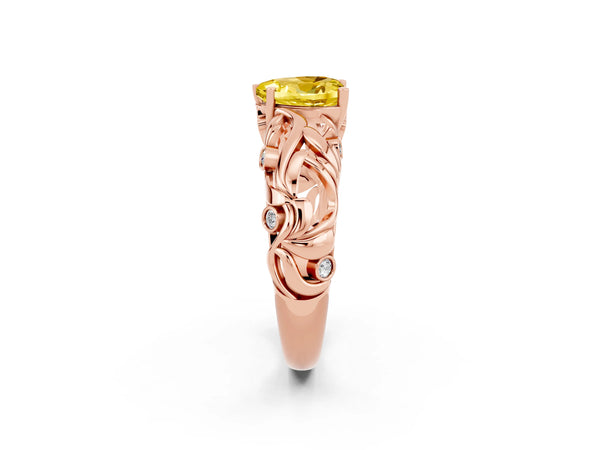 Rose gold Heart Cut Solitaire Yellow Sapphire Leaf-Inspired Vine Band Ring with Prong Setting