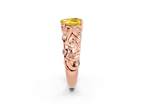 Rose gold Heart Cut Solitaire Yellow Sapphire Leaf-Inspired Vine Band Ring with Prong Setting_26