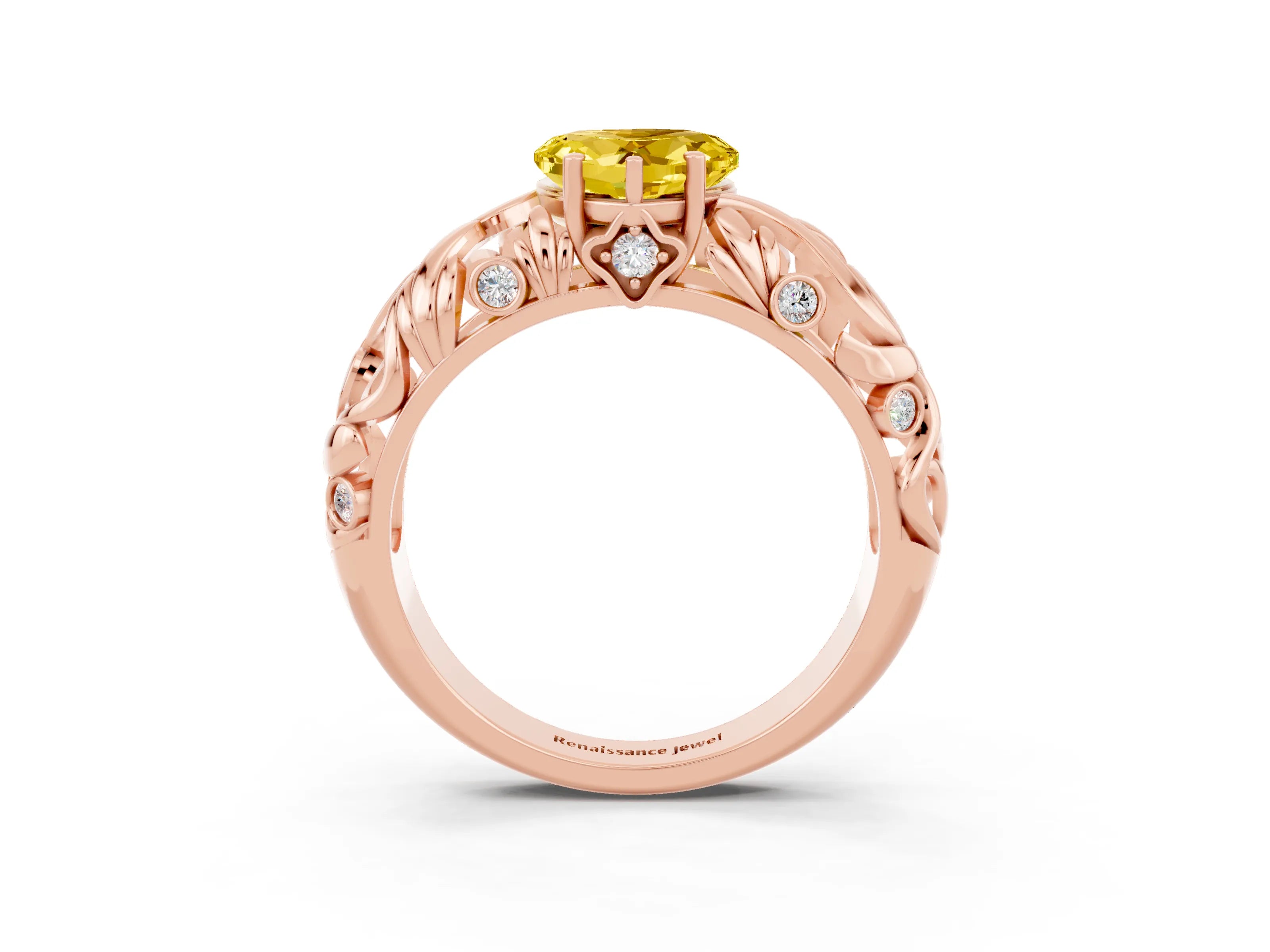 Rose gold Heart Cut Solitaire Yellow Sapphire Leaf-Inspired Vine Band Ring with Prong Setting_27