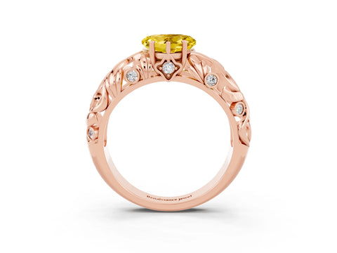 Rose gold Heart Cut Solitaire Yellow Sapphire Leaf-Inspired Vine Band Ring with Prong Setting_27