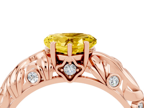 Rose gold Heart Cut Solitaire Yellow Sapphire Leaf-Inspired Vine Band Ring with Prong Setting_28
