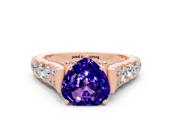 Rose gold Heart Cut Tanzanite Classic Solitaire Ring with Pavé Band and Four-Prong Setting