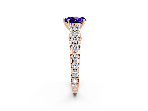 Rose gold Heart Cut Tanzanite Classic Solitaire Ring with Pavé Band and Four-Prong Setting